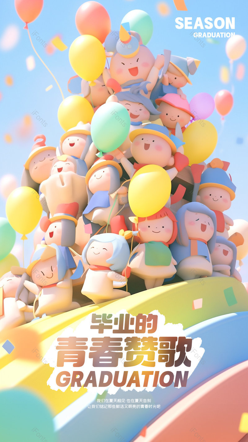 卡通可爱3D学生夏日毕业季海报,设计模板,设计模板大全,设计模板下载